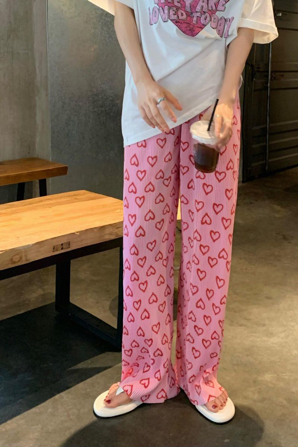 Cute Heart Pattern Long Pink Pants