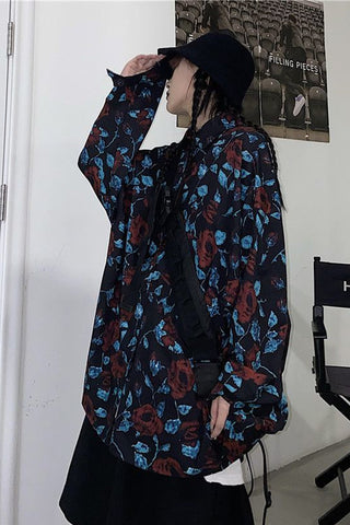Long Sleeve Dark Florals Pattern Blouse Shirt
