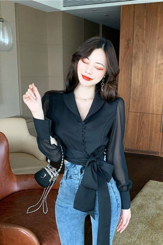 Long Sleeve Lapel Collar Cute Bow Office Blouse Shirt