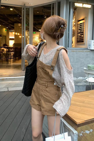 Vintage Khaki Color Denim Romper Playsuits