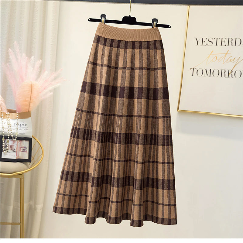 Vintage Knitted Plaid A-Line Mid Length Skirt