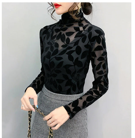 High Neck Leaf Pattern Velvet Mesh Shirt