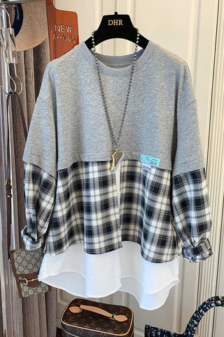 Vintage Loose Plaid Patchwork Sweatshirt