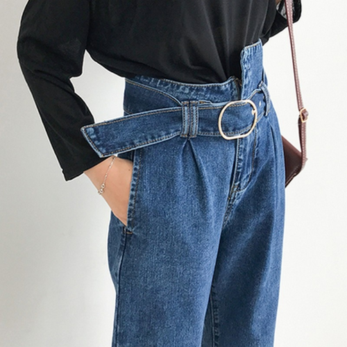 Jeans mit hoher Taille und asymmetrischem Gürtel, Vintage-Jeanshose