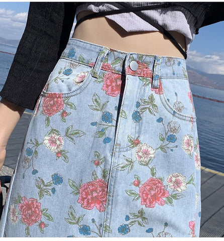 High Waist Slit Floral Printed Jeans Skirt