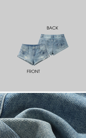 Distressed Denim Shorts with Folded Hem & Ring Stitch