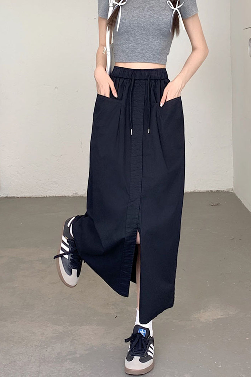 High Waist Front Pockets Long Slit Skirts