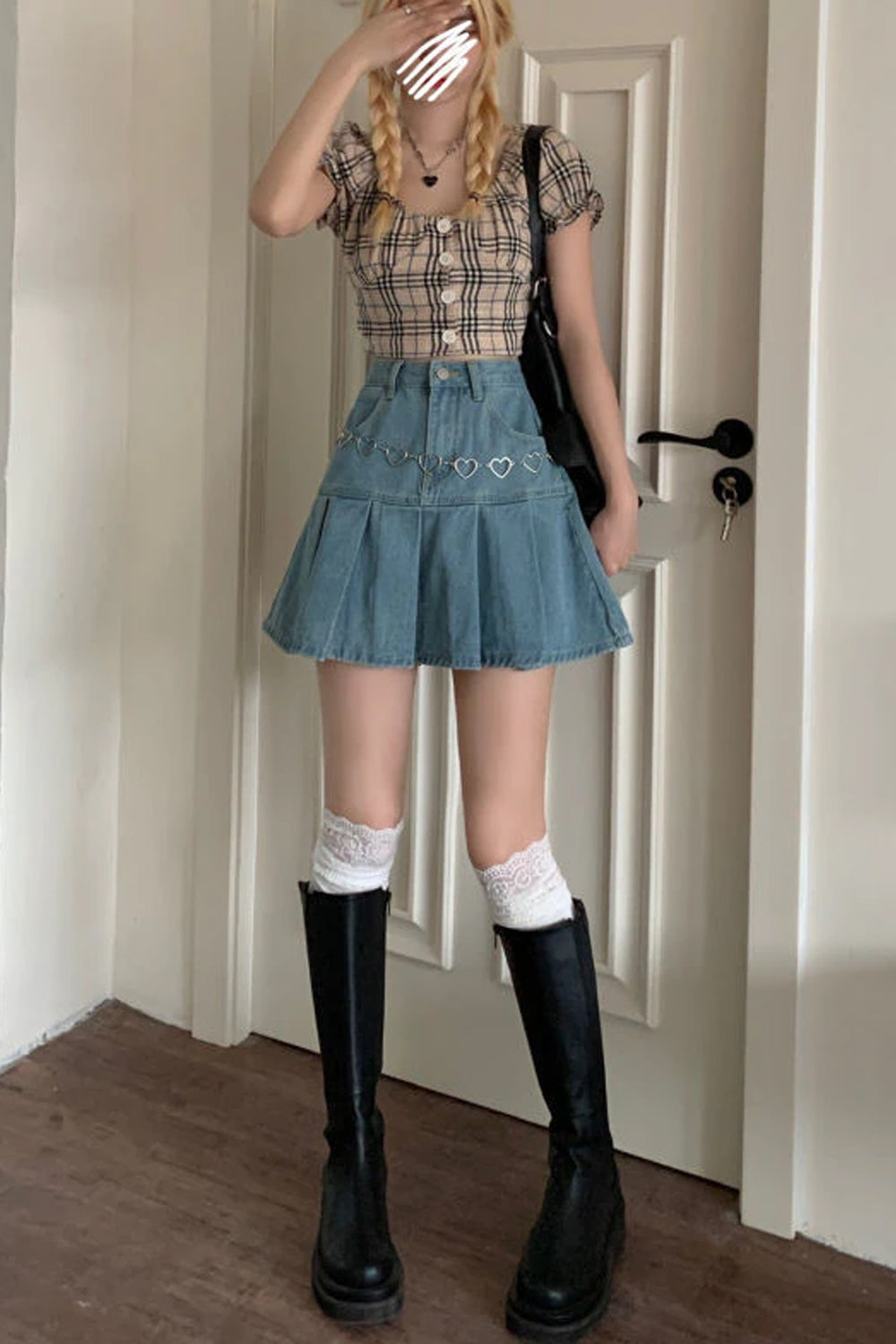 Casual Pleated Denim Mini Skirt