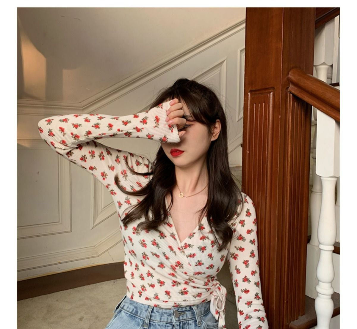 V-Neck Retro Floral Pattern Long Sleeve Slim Shirt