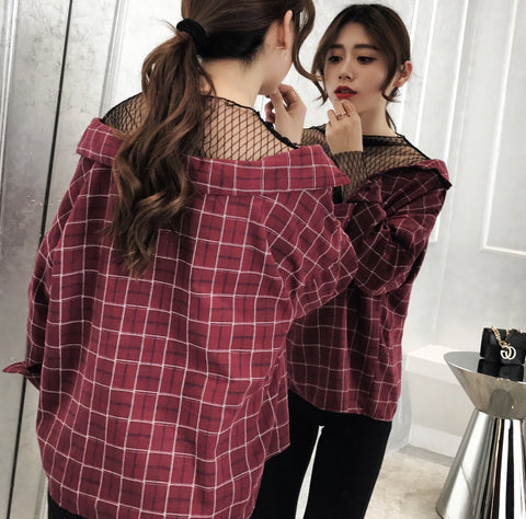 V-Neck Retro Plaid Fishnet Blouse Shirt