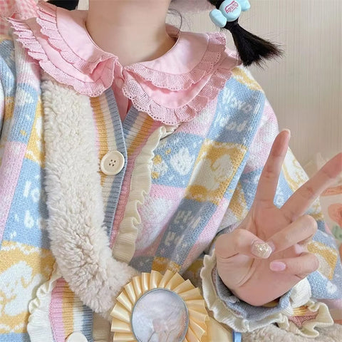 Loose Vintage Cartoon Pattern Ruffled Sweater