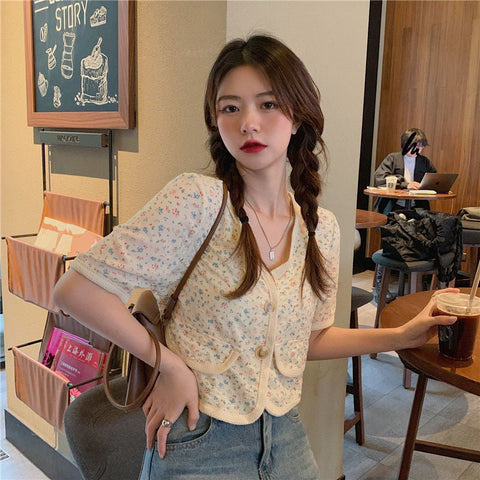 V-Neck Single Breasted Cropped Blouse Shirt