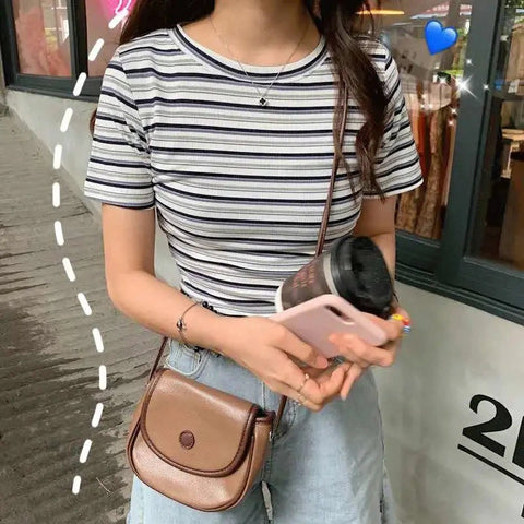 O-Neck Striped Cropped Slim Shirt