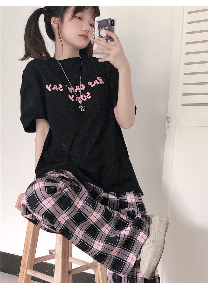 Black and Pink Plaid Loose Wide Leg Long Pants