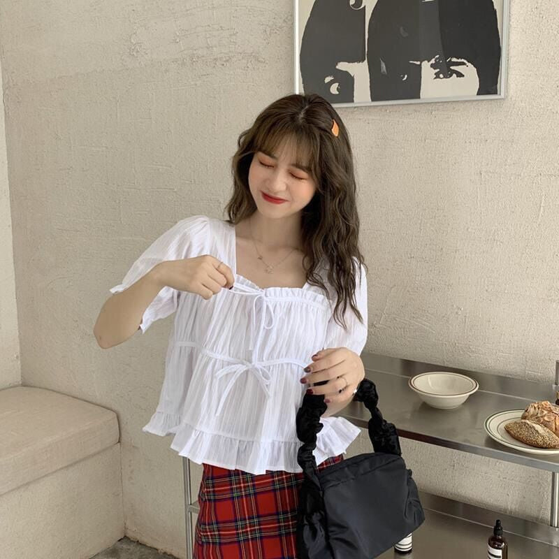 Casual Short Sleeve Ruffles Solid Blouse Shirt