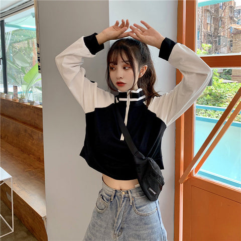 High Neck Zipper Collar Striped Cropped Sweatshirt