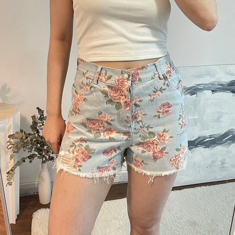 Rose Pattern Ripped Denim Shorts Jeans