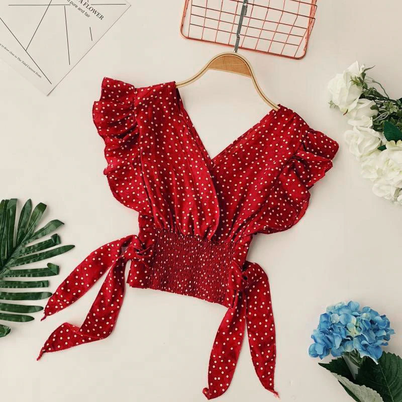 V-Neck Polka Dot Printed Short Sleeve Ruffles Blouse Shirt