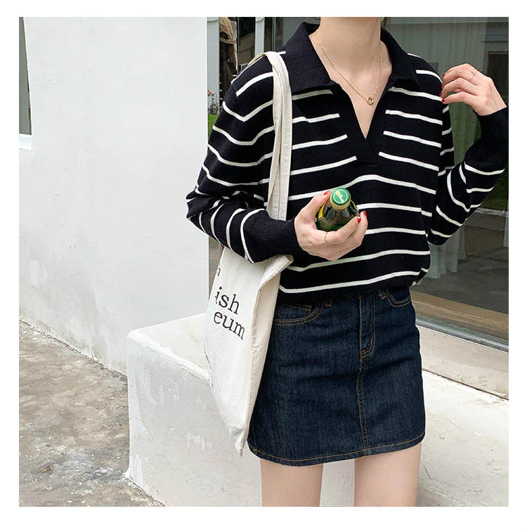 Striped Turn Down Collar Long Sleeve Sweater