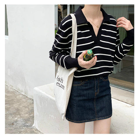 Striped Turn Down Collar Long Sleeve Sweater