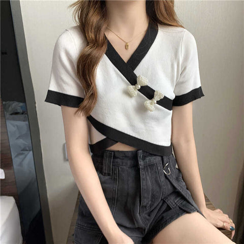 V-Neck Short Sleeve Cropped Slim Shirt