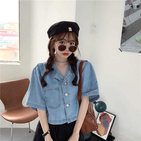 Short Sleeve Notched Collar Denim Shirt