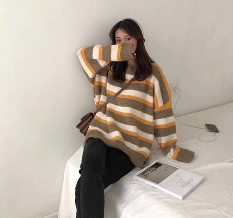 Loose Long Knitted Striped Sweater