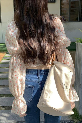 Hanging Neck Square Collar Floral Blouse Shirts