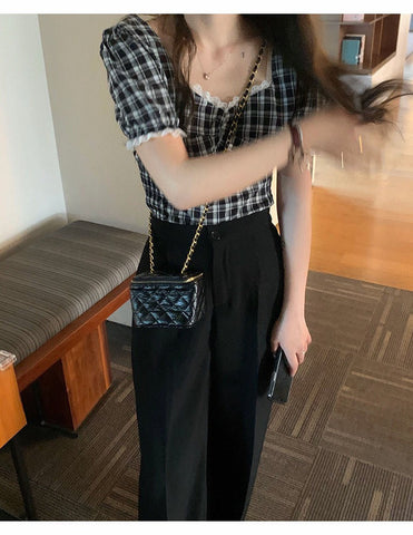 Square Collar Plaid Slim Shirt
