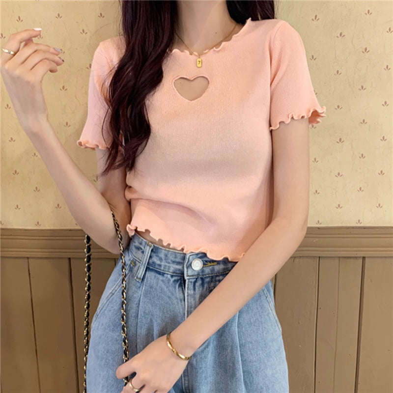 Love Hole Pattern Sweet Ruffled Shirt