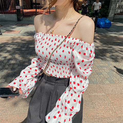 Sexy Slash Neck Strawberry Pattern Puff Sleeve Shirt