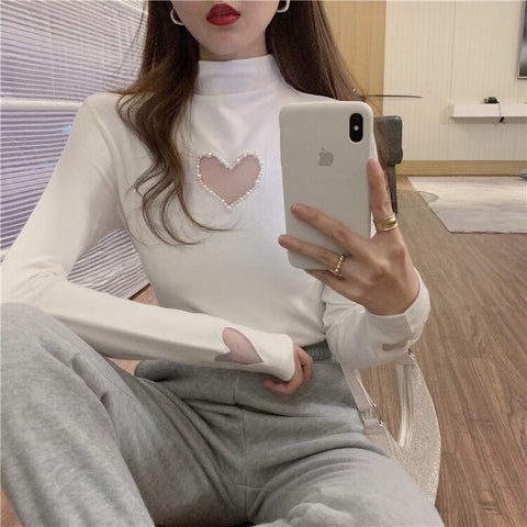 Pearl Heart Shaped Turtleneck Long Sleeve Sweater