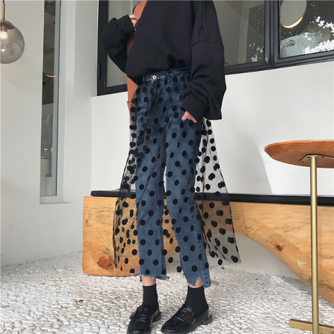 Jeans mit hoher Taille und Tüll-Polka-Dots 