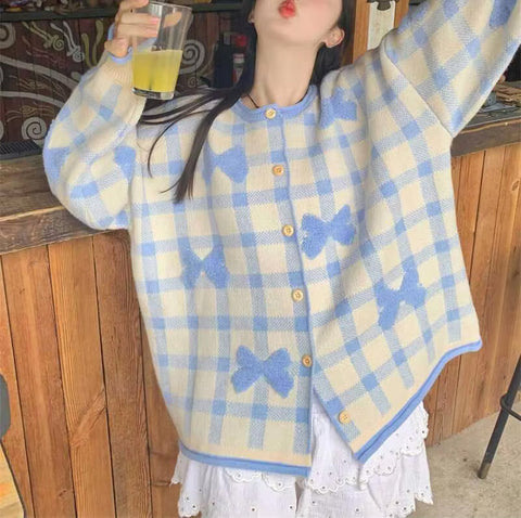 Long Sleeve Bow Plaid Knitted Cardigan Sweater