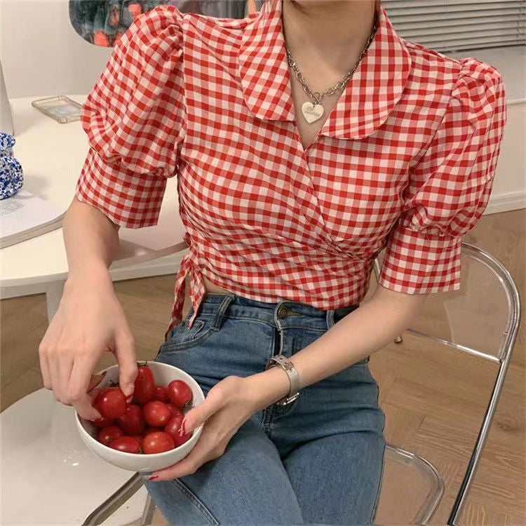 Puff Sleeve Retro Plaid Cropped Slim Shirts