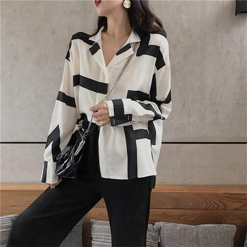 Vintage Asymmetrical Striped Printed Blouse Shirt