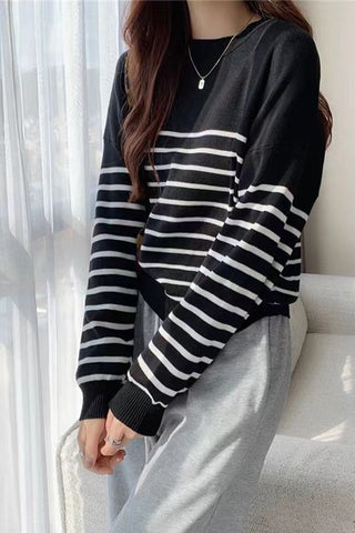 Long Sleeve O-Neck Striped Knitted Sweater