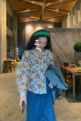 Long Sleeve Flowers Pattern Casual Chiffon Blouse Shirt