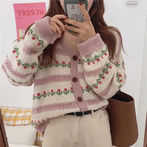 Loose Floral Pattern Knitted Cardigan Sweater