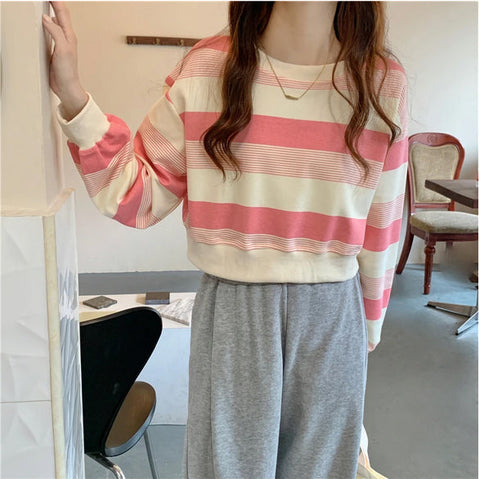 Long Sleeve Cute Colors Striped Cropped Sweater