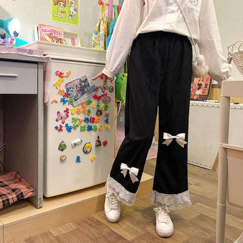 High Waist Sweet Lace Bow Corduroy Pants