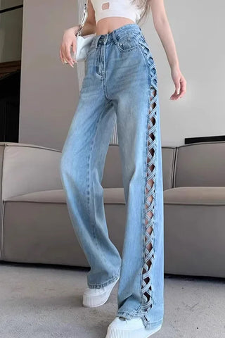 High Waist Side Cross Hollow Out Jeans Pants