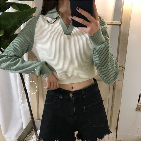 Long Sleeve Turn Down Collar Knitted Crop Slim Sweater