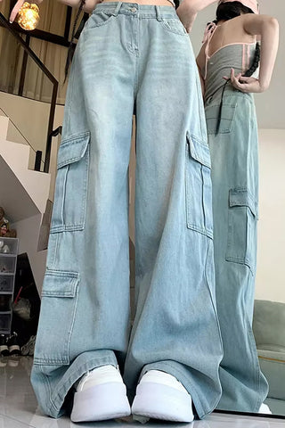 Loose Wide Leg Denim Jeans Cargo Pocket Pants