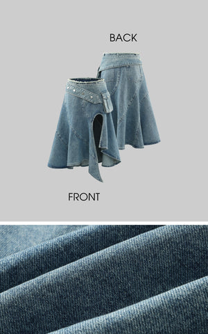 Asymmetric Pocket Flare Denim Skirt with Deconstructed Belt Detail