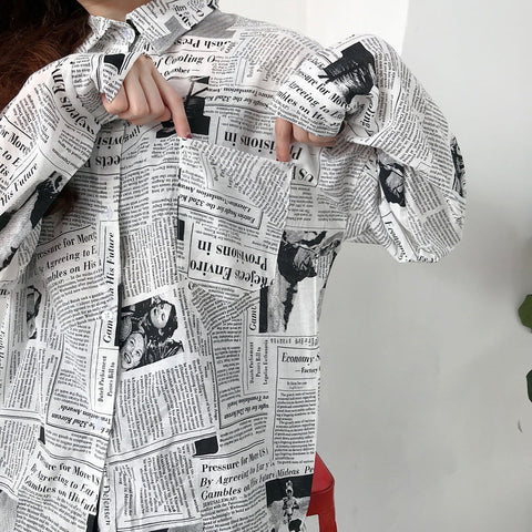 Vintage Newspaper Printed Turn Down Collar Blouse Shirt