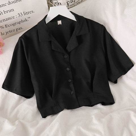 Notched Collar Simple Elegant Cropped Shirt