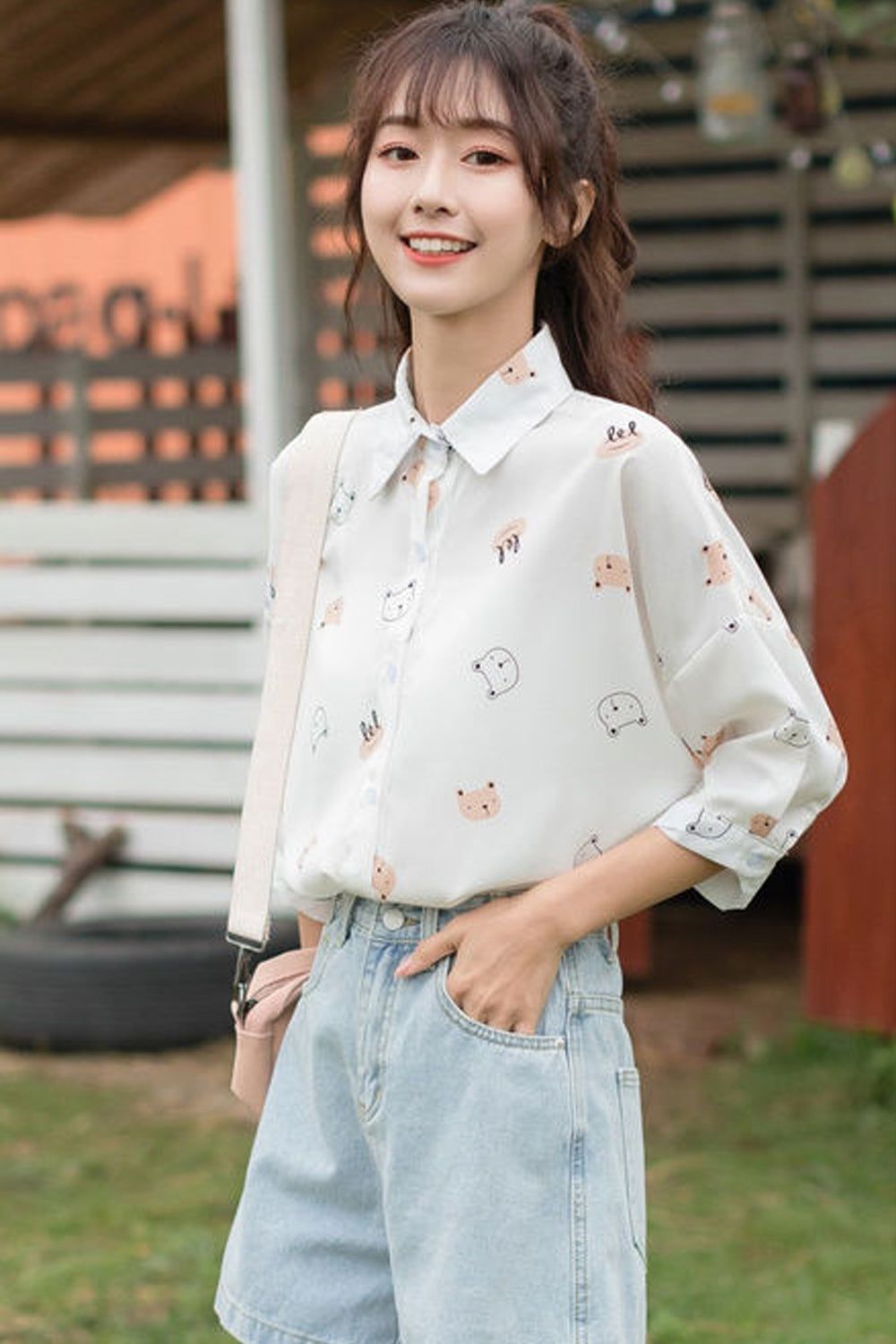 Cat Cartoon Printed Half Sleeve Length Loose Shirt