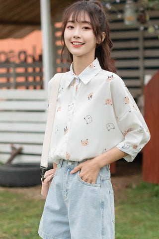 Cat Cartoon Printed Half Sleeve Length Loose Shirt