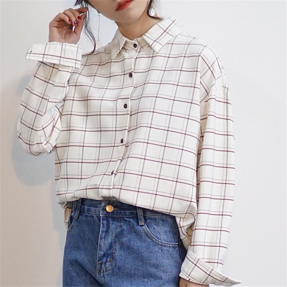 Checkered Plaid Long Sleeve Blouse Shirt